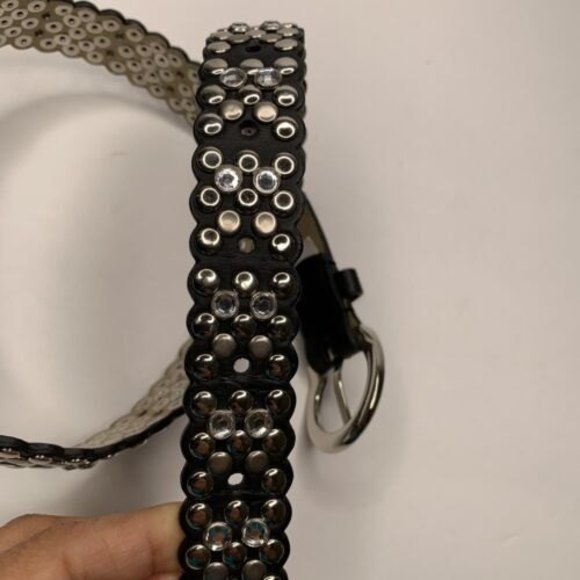 Black Leather Silver Studded Belt Crystals Scalloped Edged Silver Buckle Size S main image 7